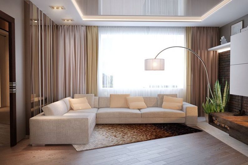 Dzīvojamās istabas dizains 16 kv.m. - grīdas apdare
