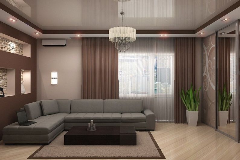 Dzīvojamās istabas dizains 16 kv.m. - griestu apdare
