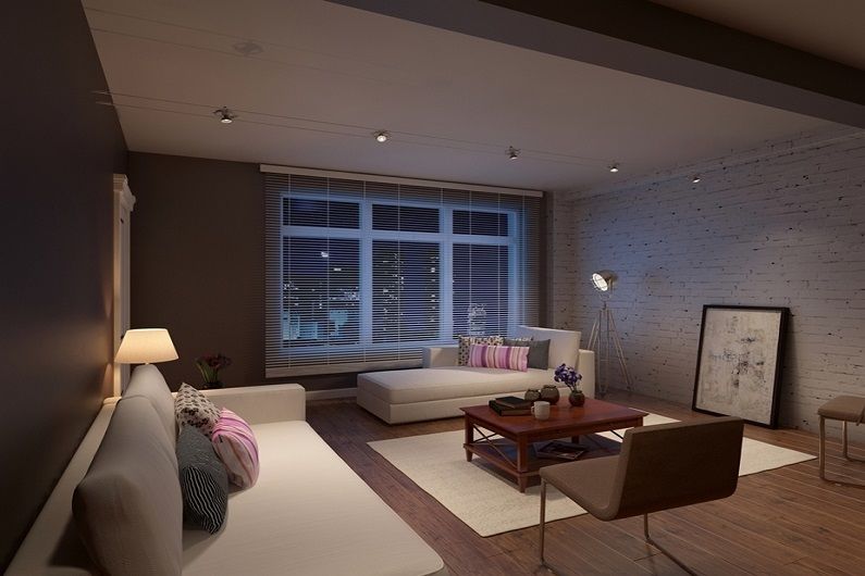 Dzīvojamās istabas dizains 16 kv.m. - Apgaismojums un fona apgaismojums