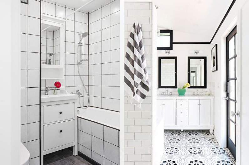 Skandinaviško stiliaus vonios kambario dizainas - baltas