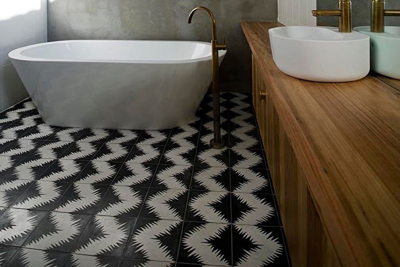 Skandinaviško stiliaus vonios kambario dizainas - grindų apdaila