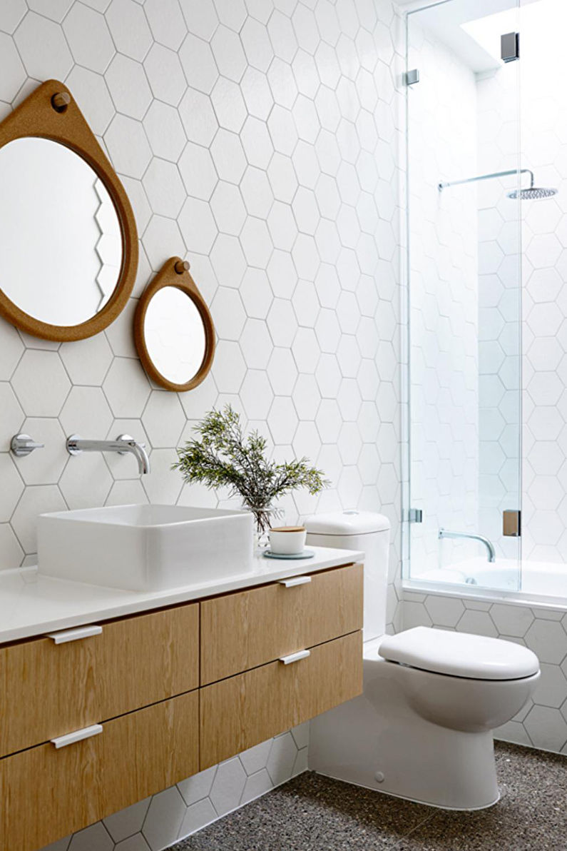 Skandinaviško stiliaus vonios kambario dizainas - dekoras ir apšvietimas