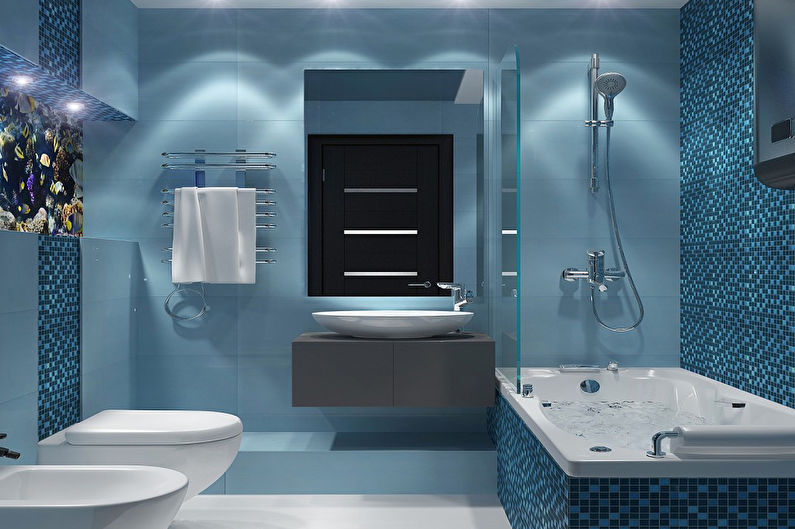 Mėlynas modernaus stiliaus vonios kambarys - interjero dizainas