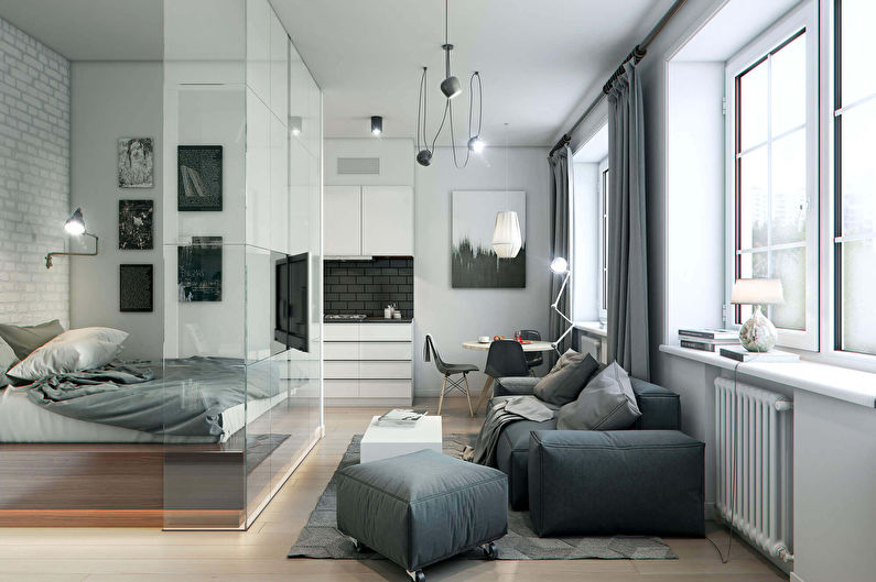 Design av en stue kombinert med et soverom (73 bilder)