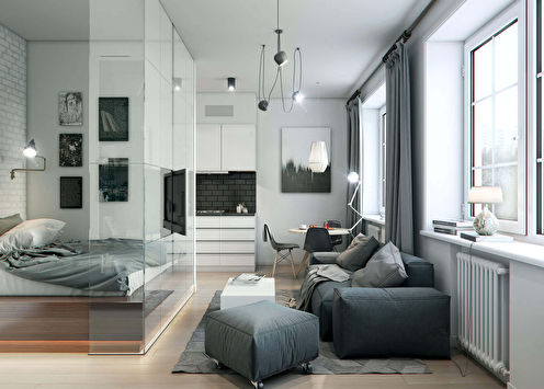 Návrh obývacího pokoje v kombinaci s ložnicí (73 fotografií)