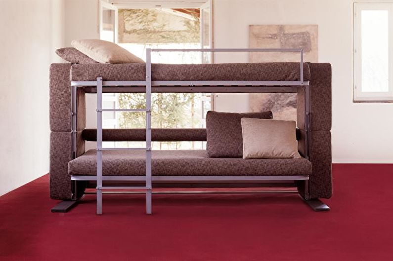 Dviaukštė lova su sofa - apmušalai ir sofos lovos užpildas