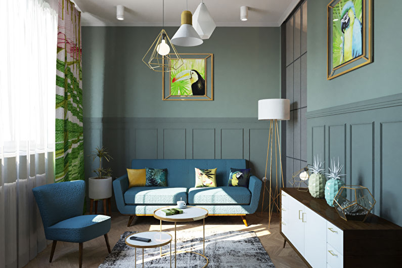 Krāsu kombinācijas grīdai, sienai, griestiem un mēbelēm - vienkrāsains dizains un pustonis