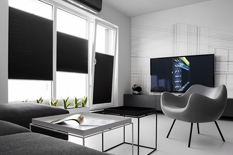 Barevné kombinace pro podlahu, zeď, strop a nábytek - černobílý design a polotónování