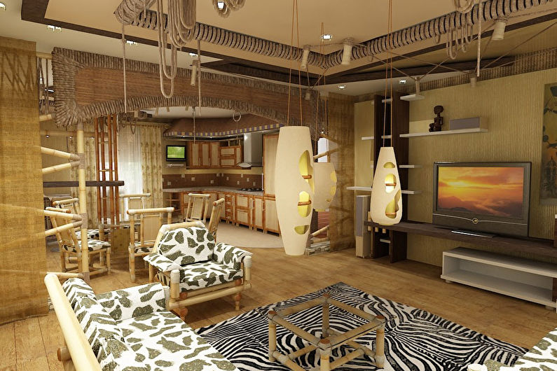 Bambusa tapetes viesistabā - interjera dizains