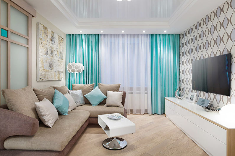 Turkio spalvos gyvenamojo kambario nuotrauka - interjero dizainas