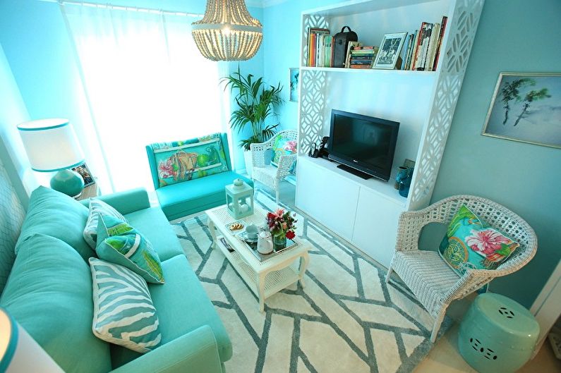 Turkio spalvos gyvenamojo kambario nuotrauka - interjero dizainas