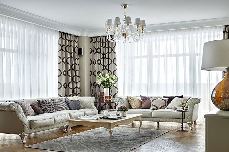 Bílý obývací pokoj v klasickém stylu - interiérový design
