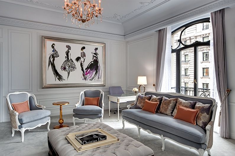 Šedý obývací pokoj v klasickém stylu - interiérový design