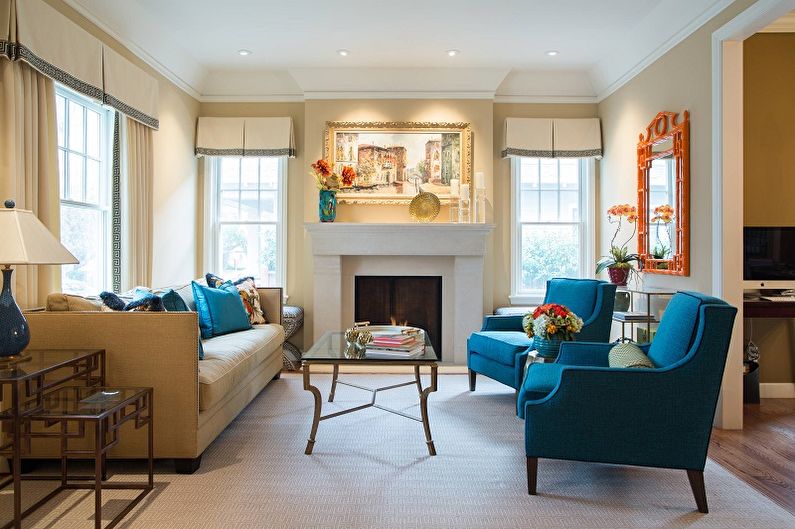 غرفة المعيشة الزرقاء في النمط الكلاسيكي - التصميم الداخلي