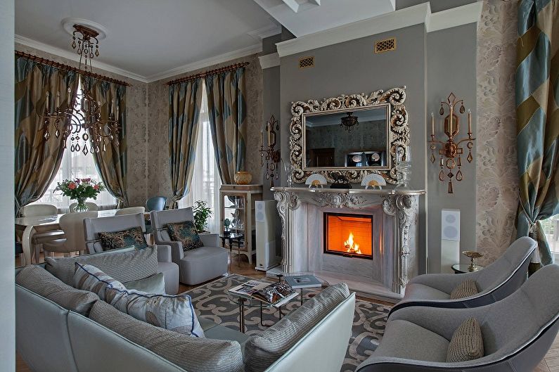 Noformējiet dzīvojamo istabu klasiskā stilā - dekori un tekstils