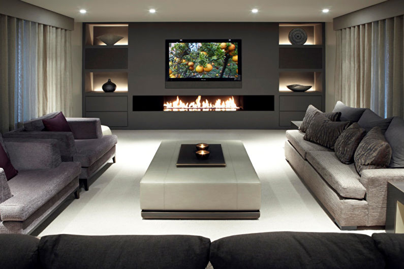 Ściana z telewizorem - telewizor w salonie z kominkiem
