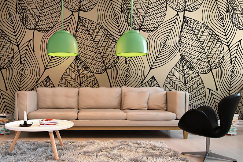 Smėlio spalvos tapetai gyvenamajame kambaryje - interjero dizainas