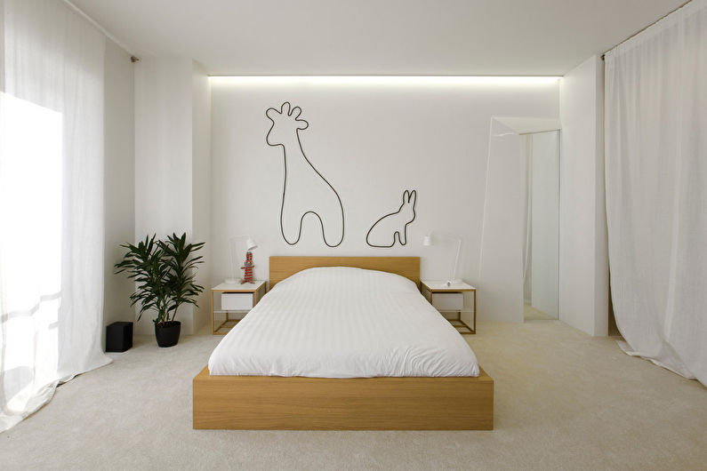 Minimālisma balta guļamistaba - interjera dizains