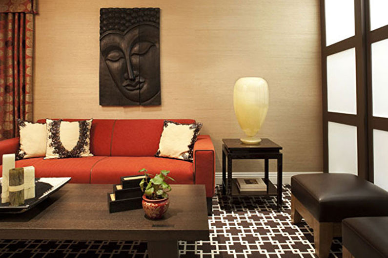 Living room 17 sq.m. sa estilo ng etniko - Disenyo ng Panloob