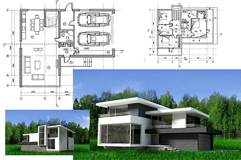 Conceptions de maisons modernes de style high-tech - Cottage à deux étages avec garage
