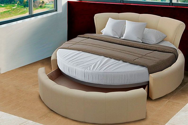 Tipuri de paturi rotunde în dormitor - pat rotund cu diferite funcții