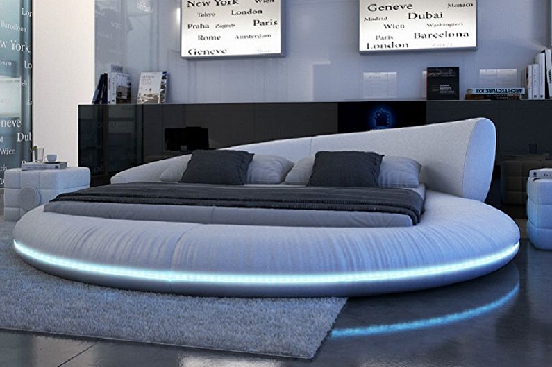 Στρογγυλό κρεβάτι στο υπνοδωμάτιο σε διαφορετικά στυλ - Techno, υψηλής τεχνολογίας