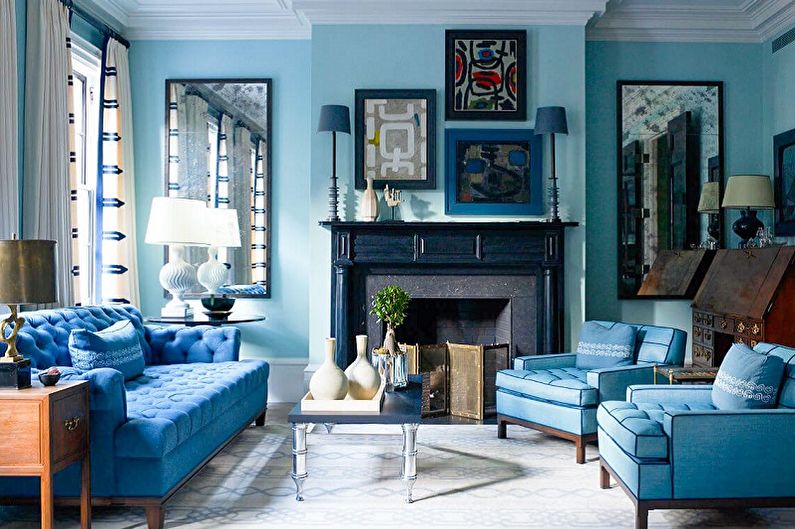 Kādas krāsas apvieno zilas - viesistabas dizains