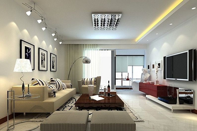 Zāles dizains dzīvoklī - mēbeles un apgaismojums
