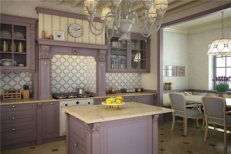 Dapur ungu 13 sq.m. - Reka bentuk dalaman