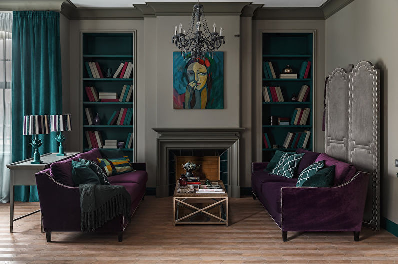 Kombinationen av färger i det inre av vardagsrummet - foto