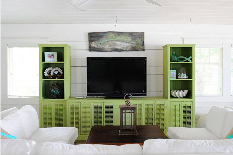 Pistacijų spalva gyvenamojo kambario interjere - Dizaino nuotrauka