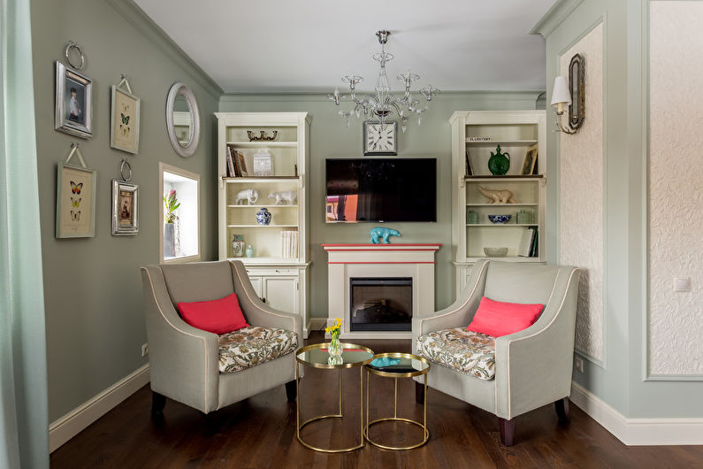 Neoklasikinio stiliaus gyvenamojo kambario interjero dizainas - nuotrauka