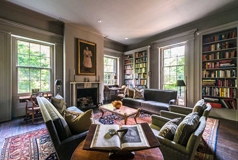 Dzīvojamās istabas interjera dizains neoklasicisma stilā - foto