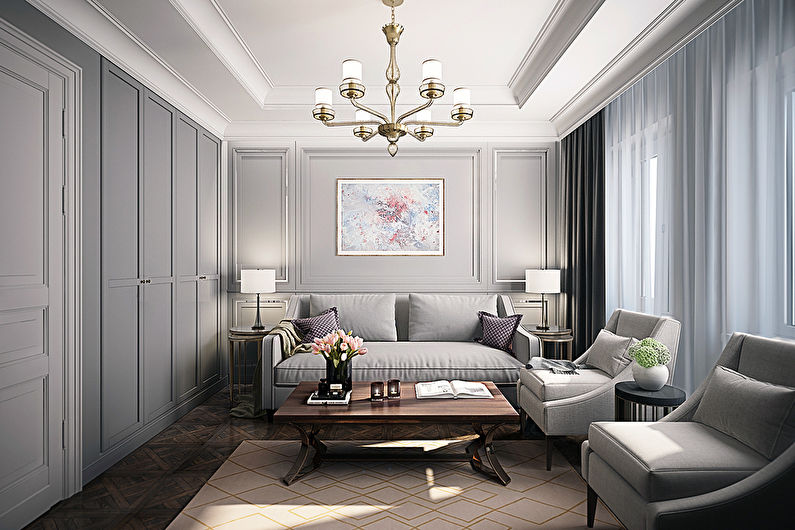 Interior design of the living room in the neoclassical style - photo