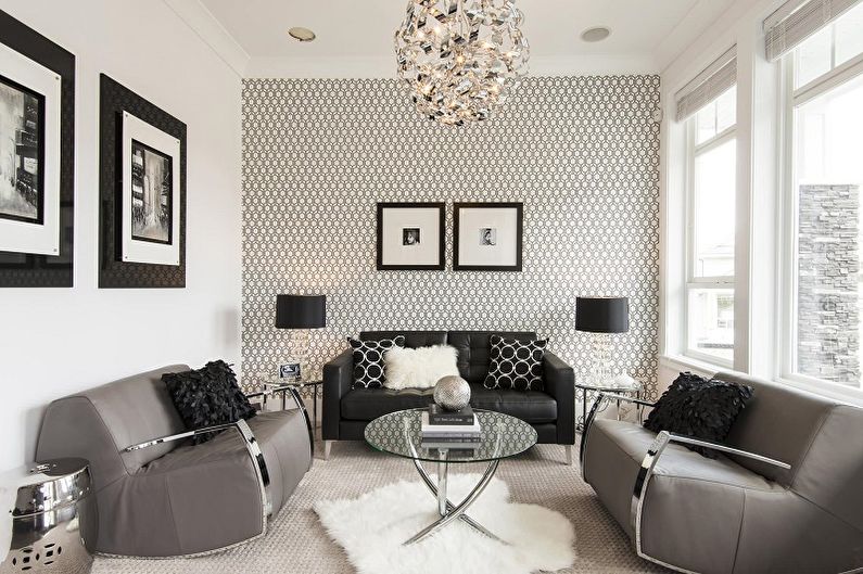 Papel de parede preto e branco no interior da sala de estar - foto do projeto