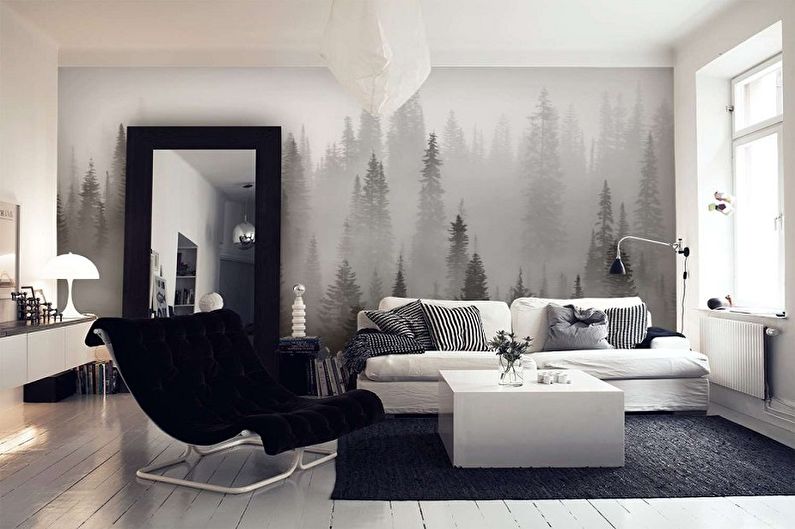 Црно-беле тапете у унутрашњости дневне собе - Дизајнерска фотографија