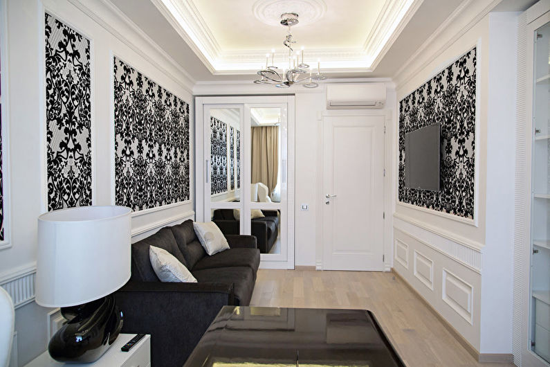 Juodos ir baltos spalvos tapetai svetainės interjere - Dizaino nuotrauka