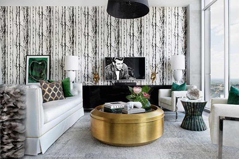 Čiernobiela tapeta v interiéri obývacej izby - Dizajnová fotografia