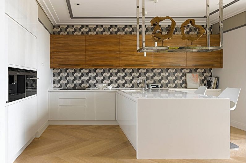 Черно-бял тапет в интериора на кухнята - Дизайн снимка