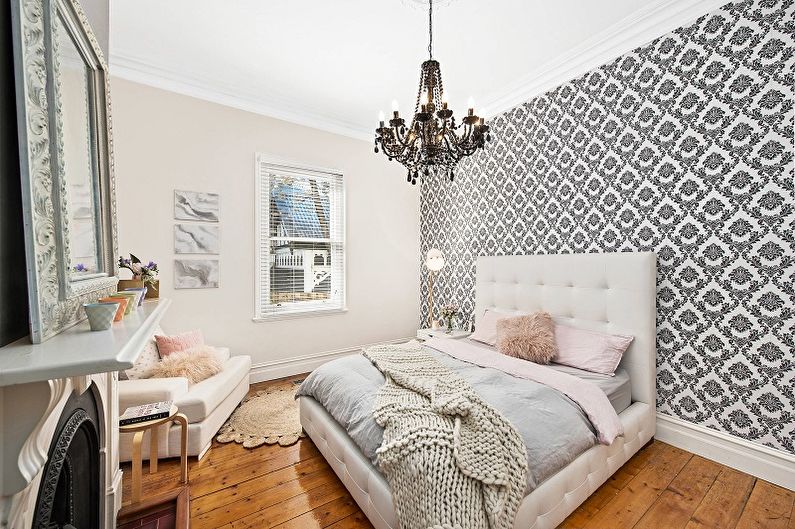 Црно-беле тапете у унутрашњости спаваће собе - Дизајнерска фотографија