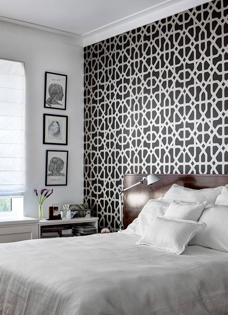 วอลล์เปเปอร์สีดำและสีขาวในการตกแต่งภายในของห้องนอน - ภาพการออกแบบ