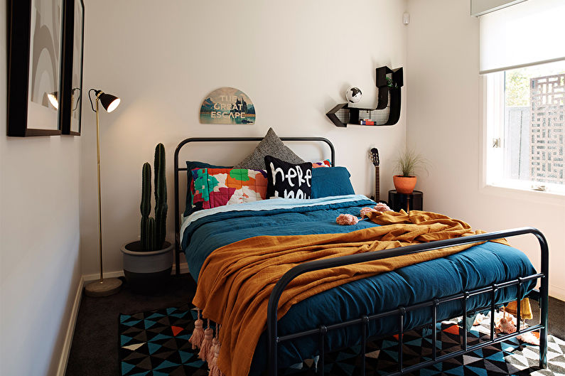 Noformējiet guļamistabu modernā stilā - spilgti šļakatas