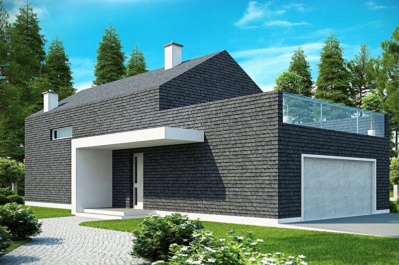 Модерни проекти на едноетажни къщи с гараж - Таванска къща с гараж и мазе