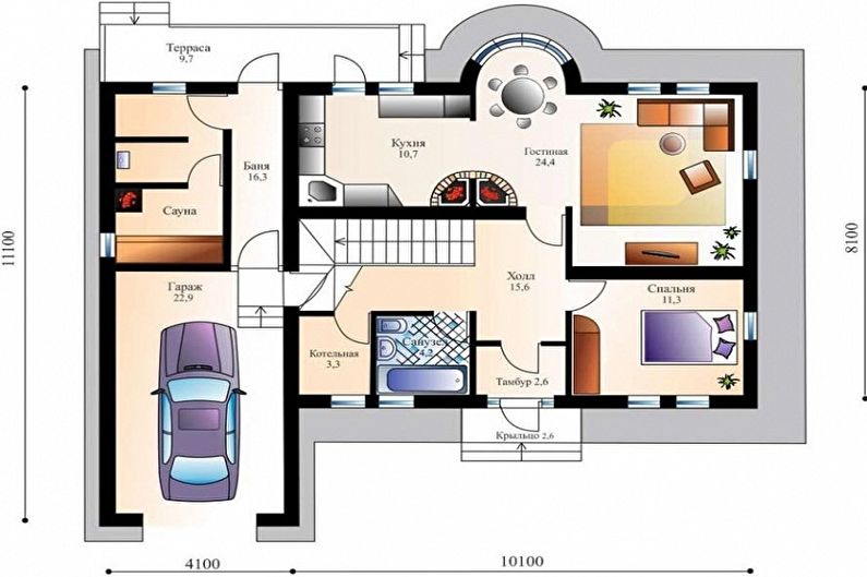 Moderné projekty jednopodlažných domov s garážou - Prízemie domu s garážou a saunou
