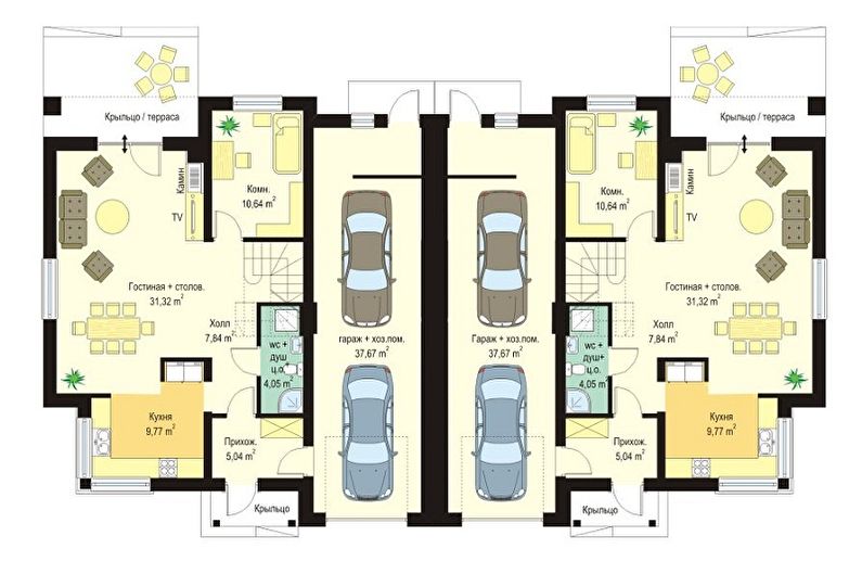 Progetti moderni di case a un piano con garage - Duplex con garage
