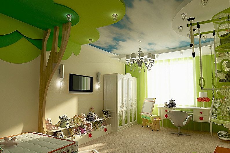 Tavan de gips-carton cu două niveluri într-o cameră pentru copii