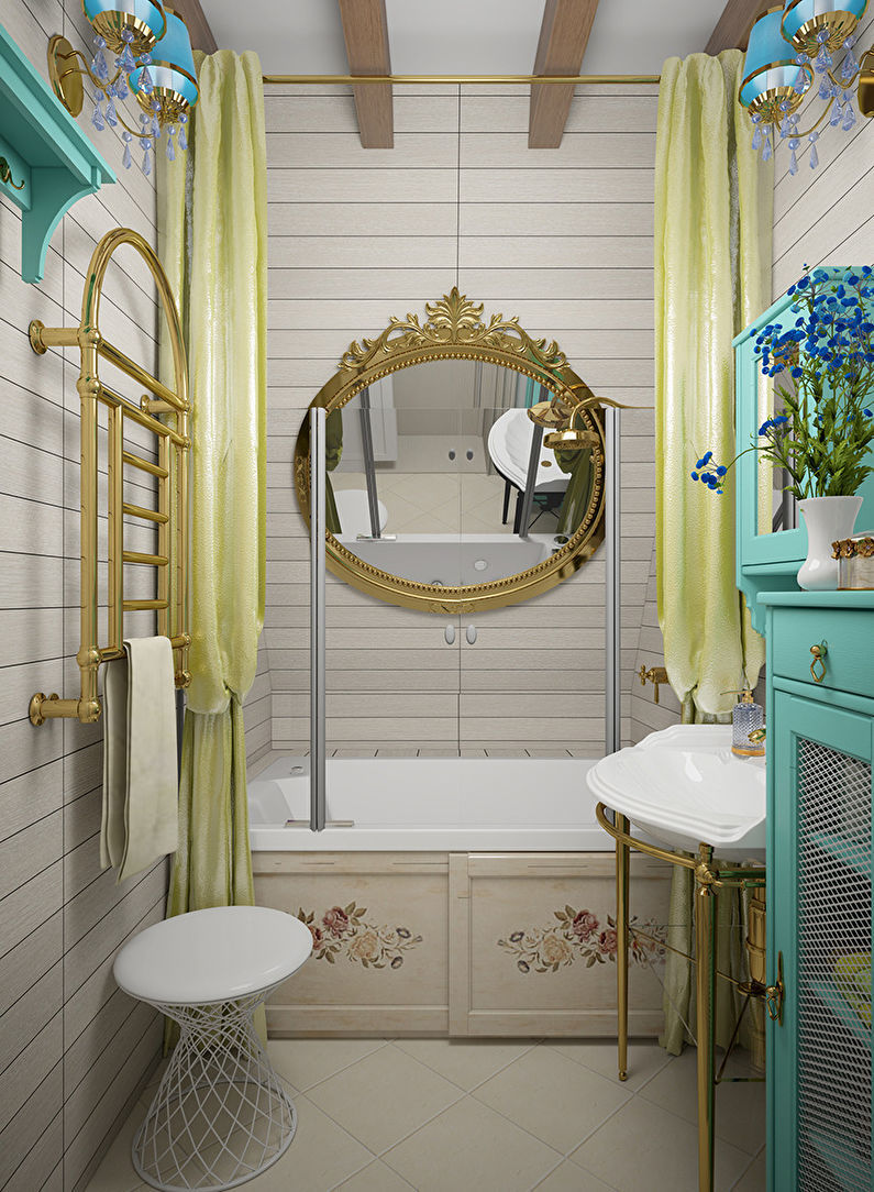 Vannas istabas dizains 2 kv.m. Provences stilā