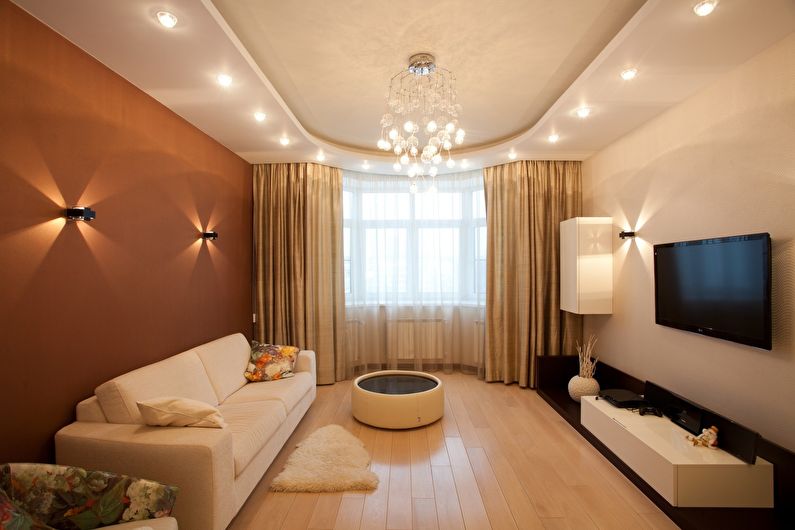 Gipso plokštės lubų dizainas gyvenamajame kambaryje