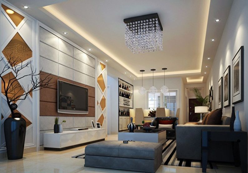 Дизайн на таван от гипсокартон в хола