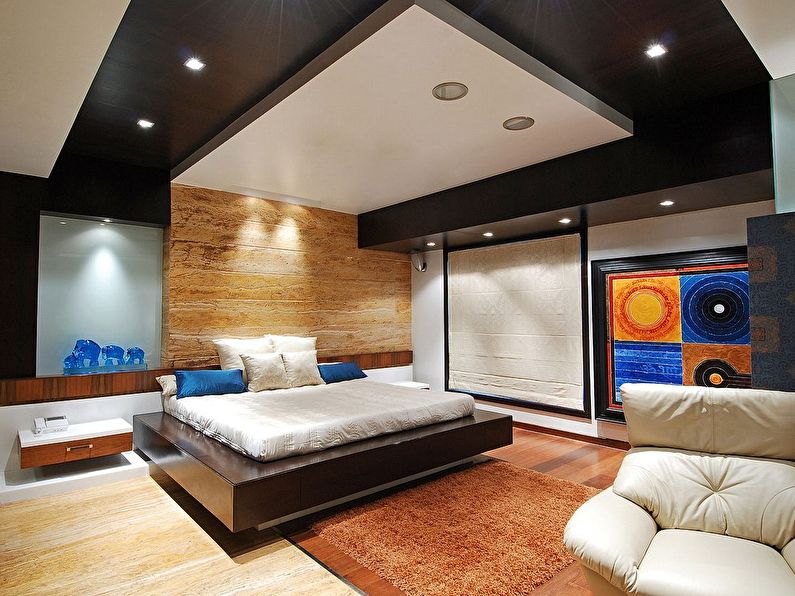Gipskartonio lubų dizainas miegamajame